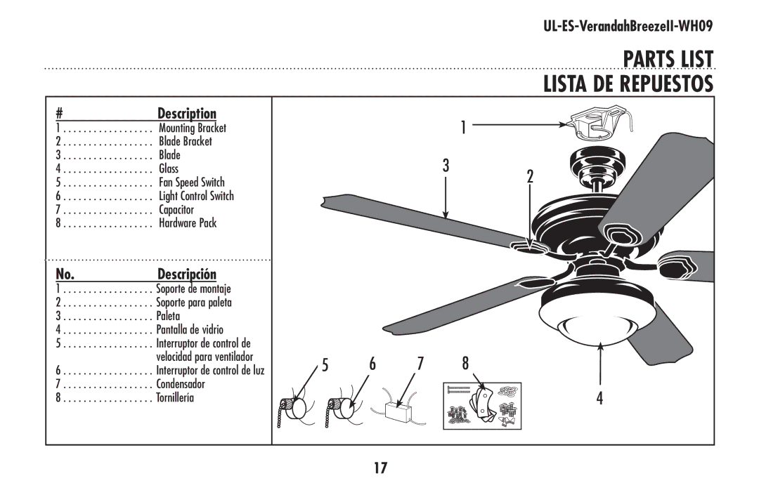 Westinghouse UL-ES-VerandahBreezeII-WH09 owner manual PARTS LIST Lista DE Repuestos, Hardware Pack 